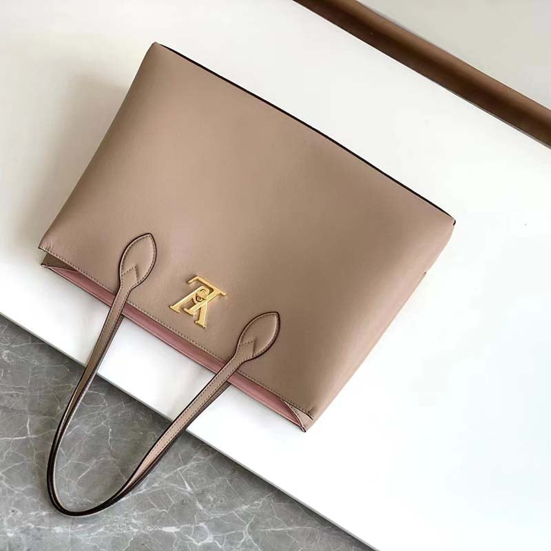 Louis Vuitton LV Women Lockme Shopper Beige Greige Grained Calf Leather