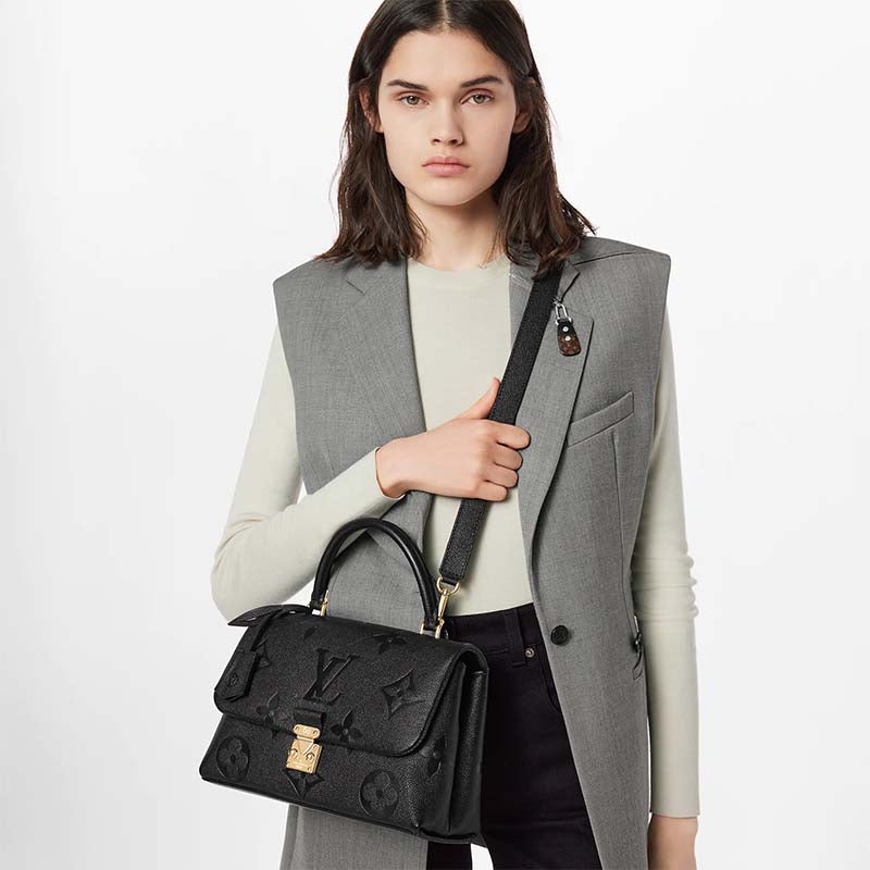 Louis Vuitton LV Women Madeleine MM Handbag Black Embossed Grained Cowhide Leather