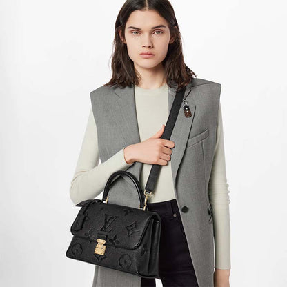 Louis Vuitton LV Women Madeleine MM Handbag Black Embossed Grained Cowhide Leather