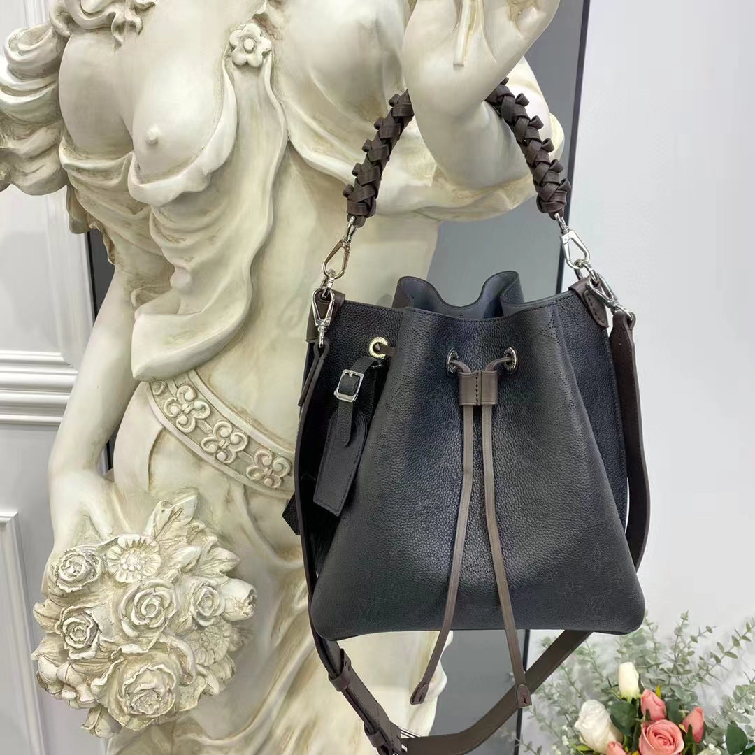 Louis Vuitton LV Women Muria Bucket Bag Black Mahina Perforated Calf Leather