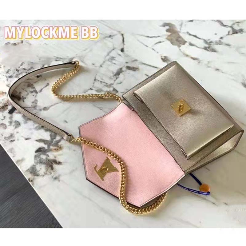 Louis Vuitton LV Women Mylockme Chain Bag Beige Soft Grained Calfskin Turn Lock