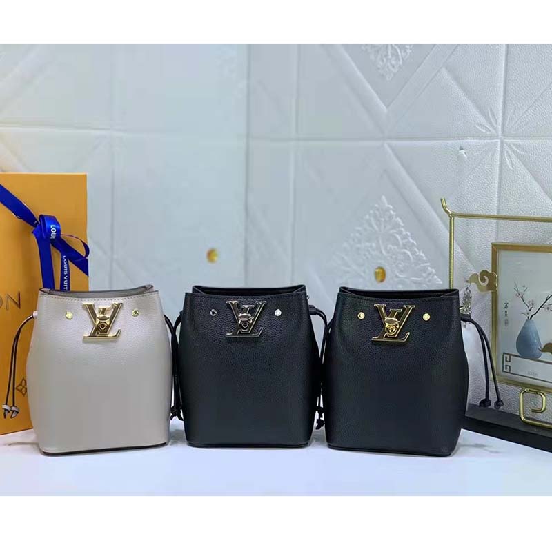 Louis Vuitton LV Women Nano Lockme Bucket Bag Greige Beige Grained Calf