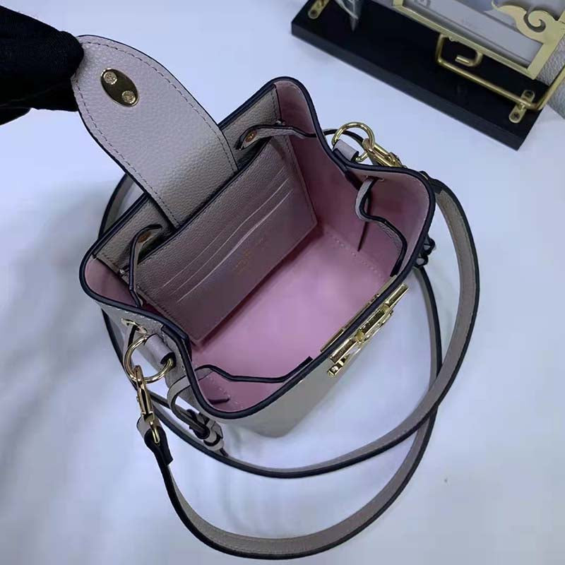 Louis Vuitton LV Women Nano Lockme Bucket Bag Greige Beige Grained Calf