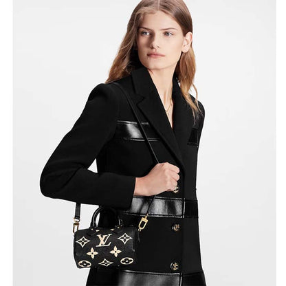 Louis Vuitton LV Women Nano Speedy Bag Black Beige Monogram Empreinte Embossed Supple Grained Cowhide Leather