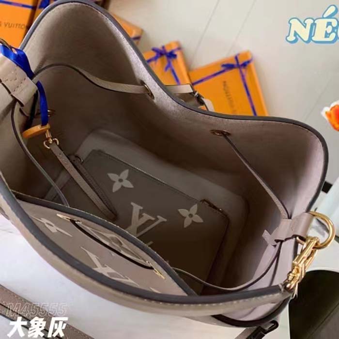 Louis Vuitton LV Women NéoNoé MM Bucket Bag Tourterelle Gray Cream Embossed Grained Cowhide Leather