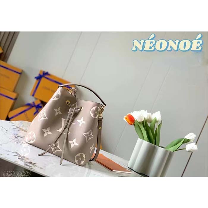 Louis Vuitton LV Women NéoNoé MM Bucket Bag Tourterelle Gray Cream Embossed Grained Cowhide Leather