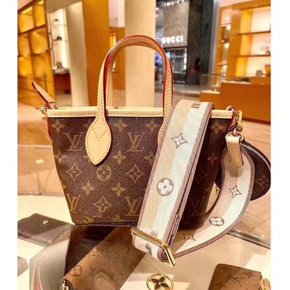Louis Vuitton LV Women Neverfull BB Beige Monogram Coated Canvas Natural Cowhide Leather