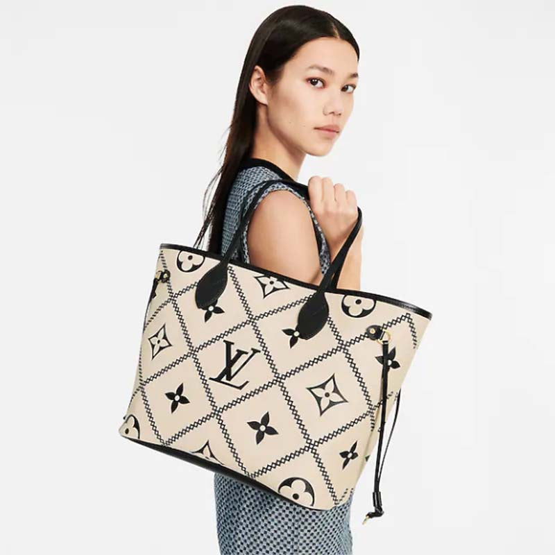 Louis Vuitton LV Women Neverfull MM Tote Crème Beige Grained Cowhide Leather