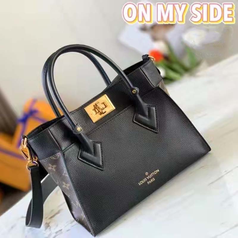 Louis Vuitton LV Women On My Side PM Handbag Black Monogram Coated Canvas Calf