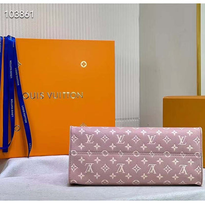 Louis Vuitton LV Women OnTheGo MM Tote Bag Pink Printed Embossed Grained Cowhide