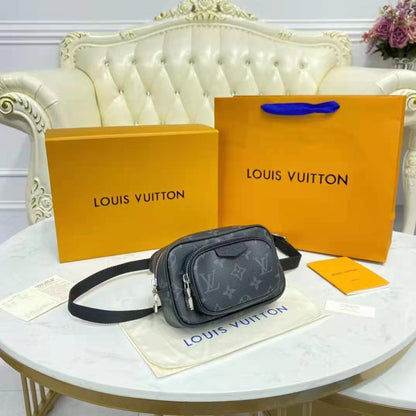Louis Vuitton LV Women Outdoor Pouch Taigarama Noir Black Coated Canvas Cowhide Leather