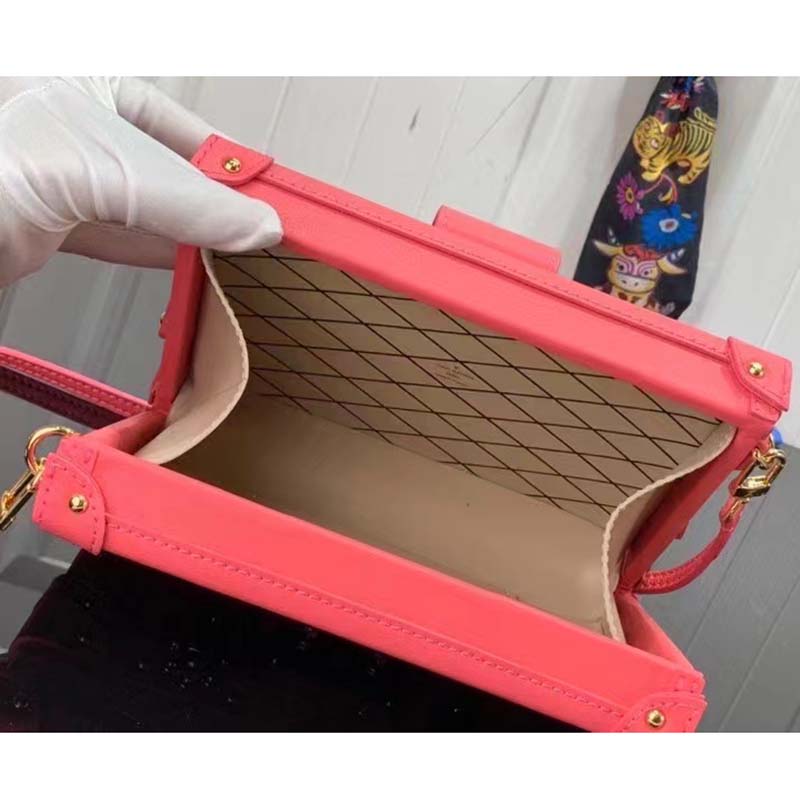 Louis Vuitton LV Women Petite Malle Handbag Fluo Pink Tufted Grained Calfskin Leather