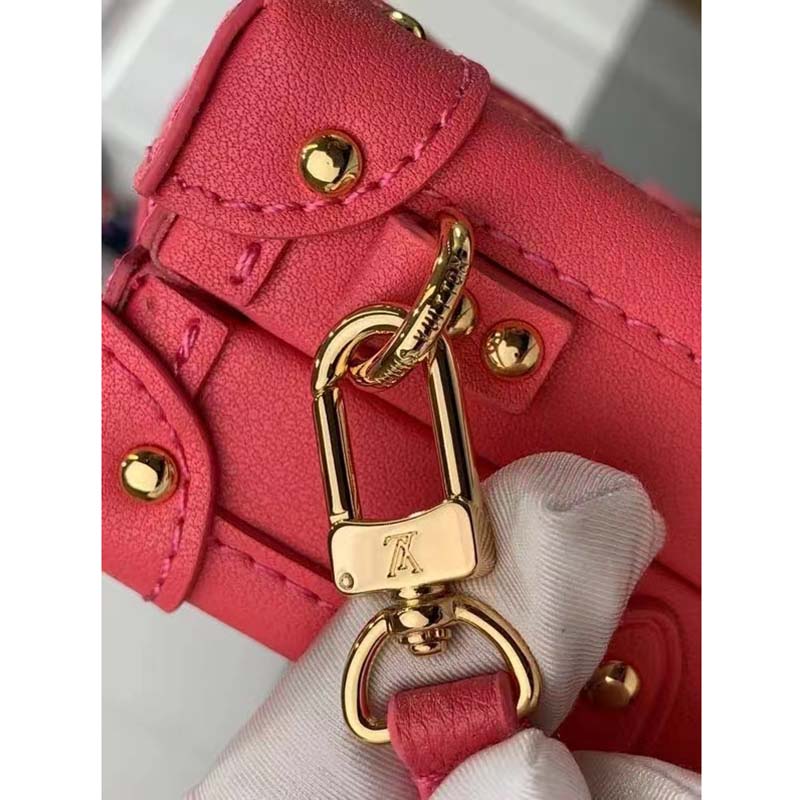 Louis Vuitton LV Women Petite Malle Handbag Fluo Pink Tufted Grained Calfskin Leather