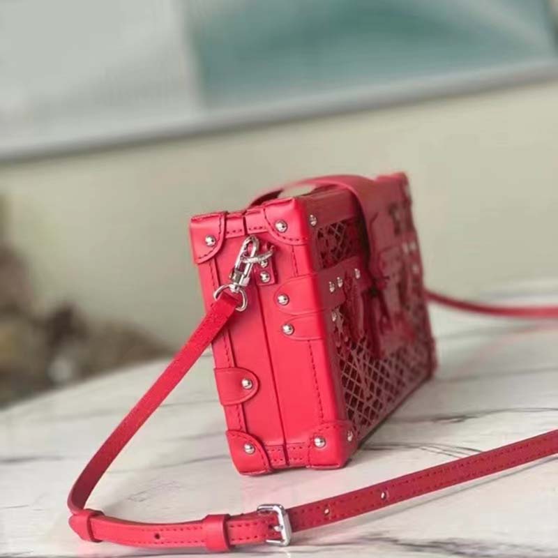 Louis Vuitton LV Women Petite Malle Handbag Red Patent Calfskin Cowhide Leather