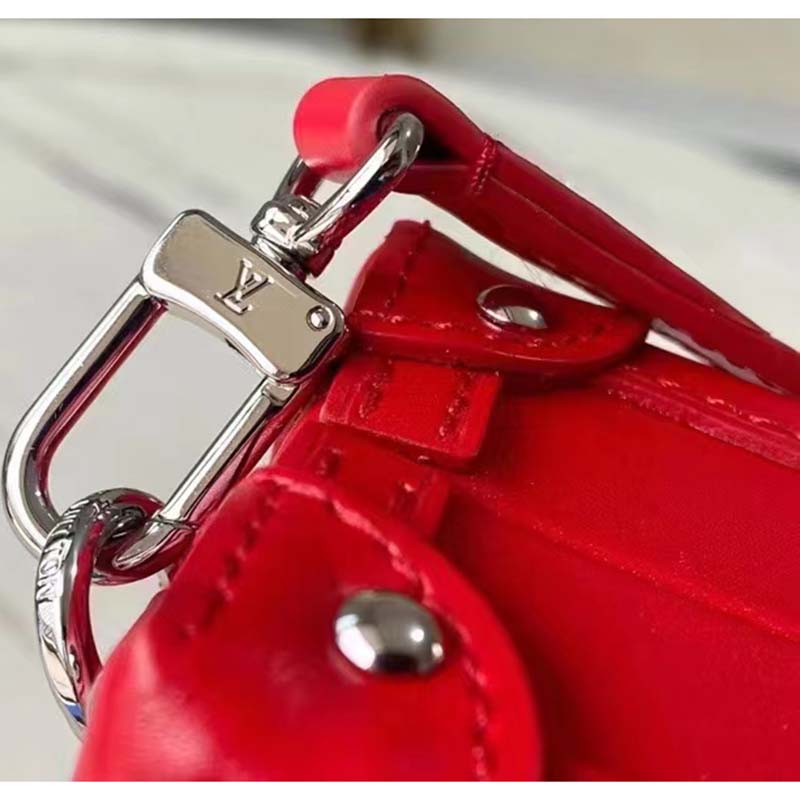 Louis Vuitton LV Women Petite Malle Handbag Red Patent Calfskin Cowhide Leather