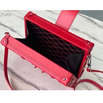 Louis Vuitton LV Women Petite Malle Handbag Red Patent Calfskin Cowhide Leather