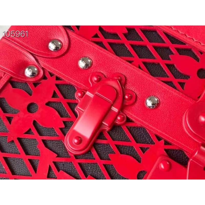 Louis Vuitton LV Women Petite Malle Handbag Red Patent Calfskin Cowhide Leather