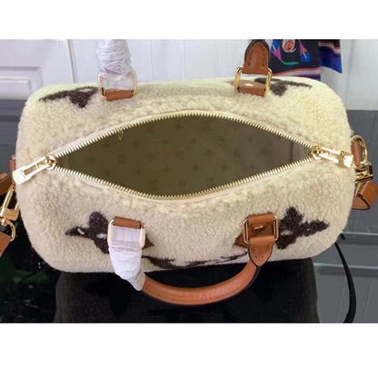 Louis Vuitton LV Women SKI Speedy Bandoulière 25 Cream/Brown Shearling Cowhide-Leather