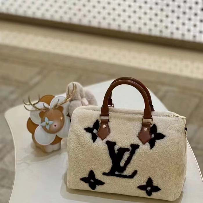 Louis Vuitton LV Women SKI Speedy Bandoulière 25 Cream/Brown Shearling Cowhide-Leather