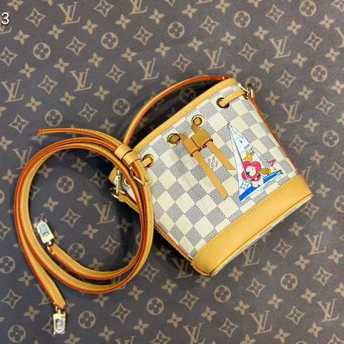 Louis Vuitton LV Women Sac Nano Noé Dragon Fruit Pink Damier Azur Coated Canvas