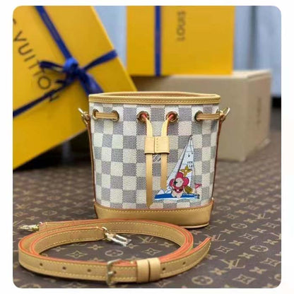 Louis Vuitton LV Women Sac Nano Noé Dragon Fruit Pink Damier Azur Coated Canvas