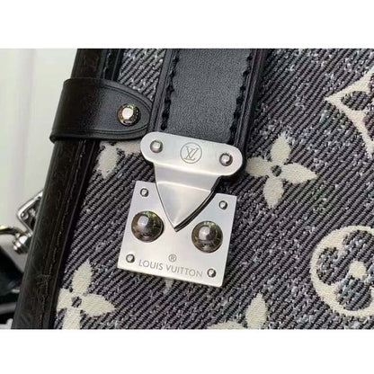 Louis Vuitton LV Women Side Trunk Handbag Gray Denim Textile Jacquard