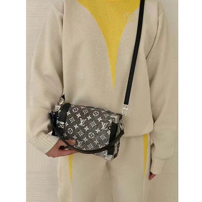 Louis Vuitton LV Women Side Trunk Handbag Gray Denim Textile Jacquard
