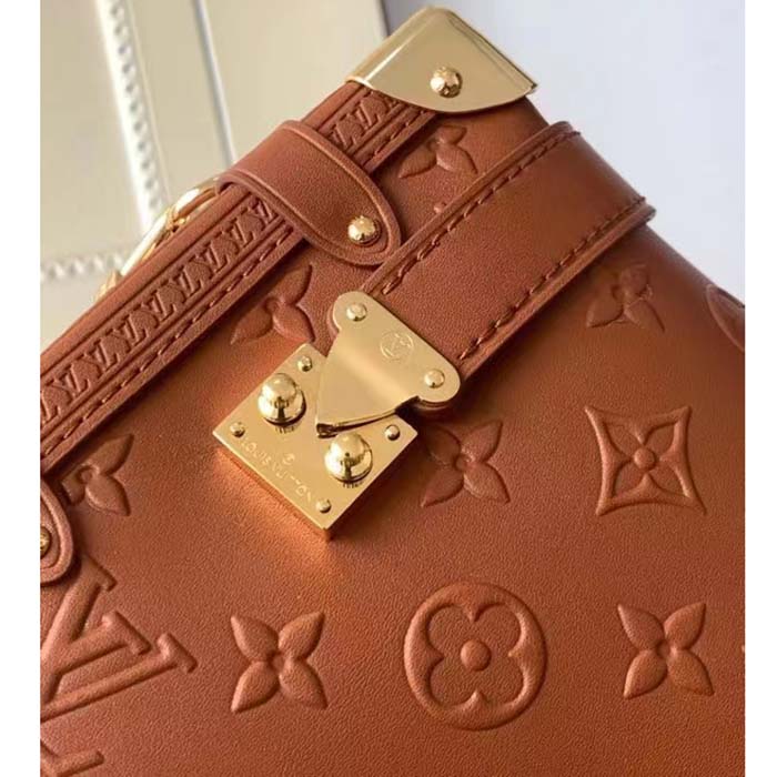 Louis Vuitton LV Women Side Trunk PM Handbag Petite Malle Tan Brown Calfskin