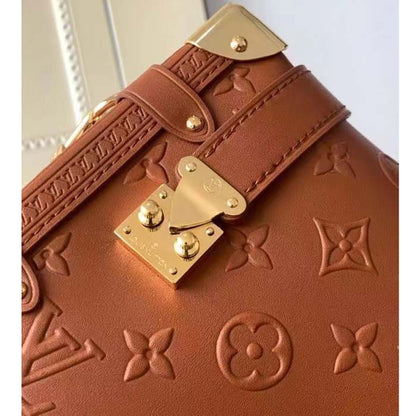Louis Vuitton LV Women Side Trunk PM Handbag Petite Malle Tan Brown Calfskin