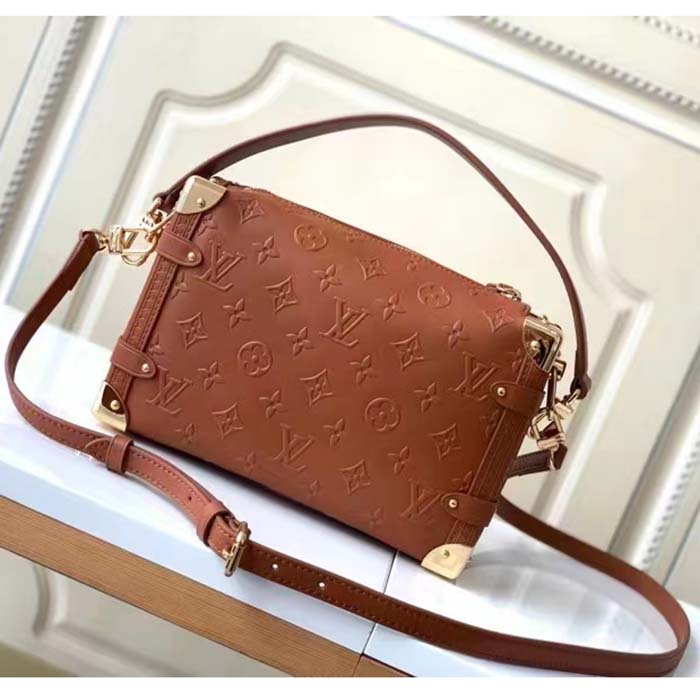Louis Vuitton LV Women Side Trunk PM Handbag Petite Malle Tan Brown Calfskin