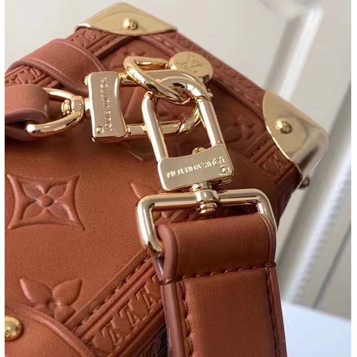 Louis Vuitton LV Women Side Trunk PM Handbag Petite Malle Tan Brown Calfskin
