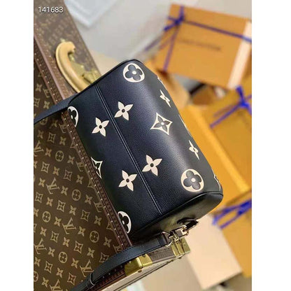 Louis Vuitton LV Women Speedy Bandoulière 25 Handbag Black Beige Embossed Grained Cowhide