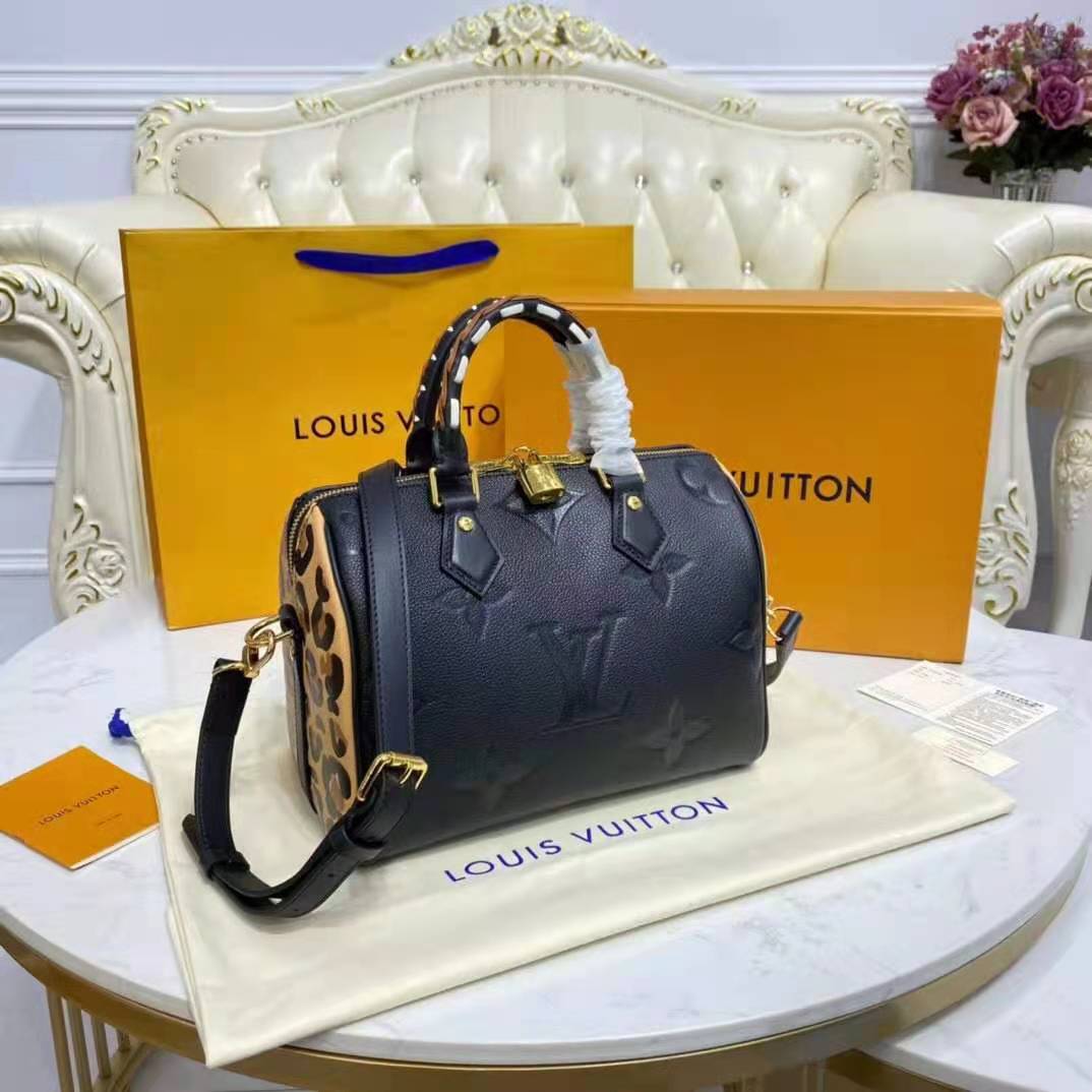 Louis Vuitton LV Women Speedy Bandoulière 25 Handbag Black Embossed Supple Grained Cowhide