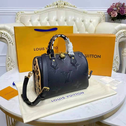 Louis Vuitton LV Women Speedy Bandoulière 25 Handbag Black Embossed Supple Grained Cowhide