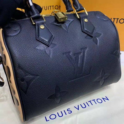 Louis Vuitton LV Women Speedy Bandoulière 25 Handbag Black Embossed Supple Grained Cowhide