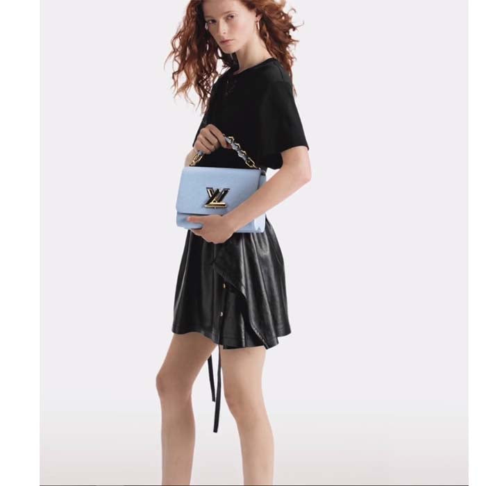 Louis Vuitton LV Women Twist MM Bleu Nuage Blue Epi Grained Smooth Cowhide Leather