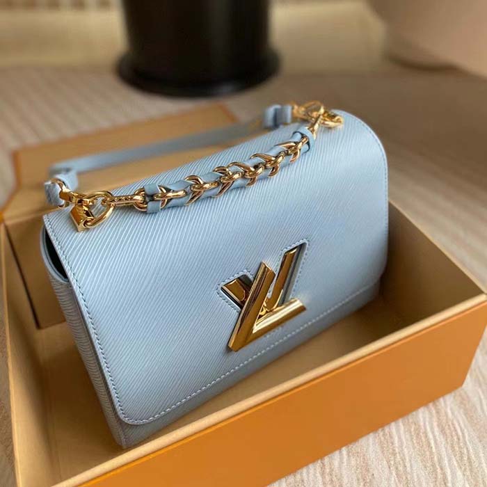 Louis Vuitton LV Women Twist MM Bleu Nuage Blue Epi Grained Smooth Cowhide Leather