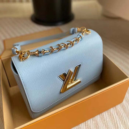 Louis Vuitton LV Women Twist MM Bleu Nuage Blue Epi Grained Smooth Cowhide Leather