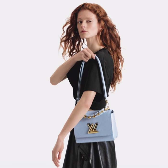 Louis Vuitton LV Women Twist MM Bleu Nuage Blue Epi Grained Smooth Cowhide Leather