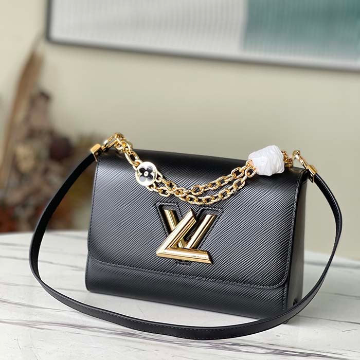 Louis Vuitton LV Women Twist MM Handbag Black Epi Grained Leather Monogram Flower