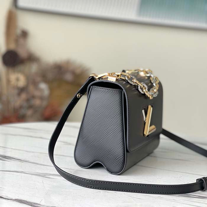 Louis Vuitton LV Women Twist MM Handbag Black Epi Grained Smooth Cowhide Leather
