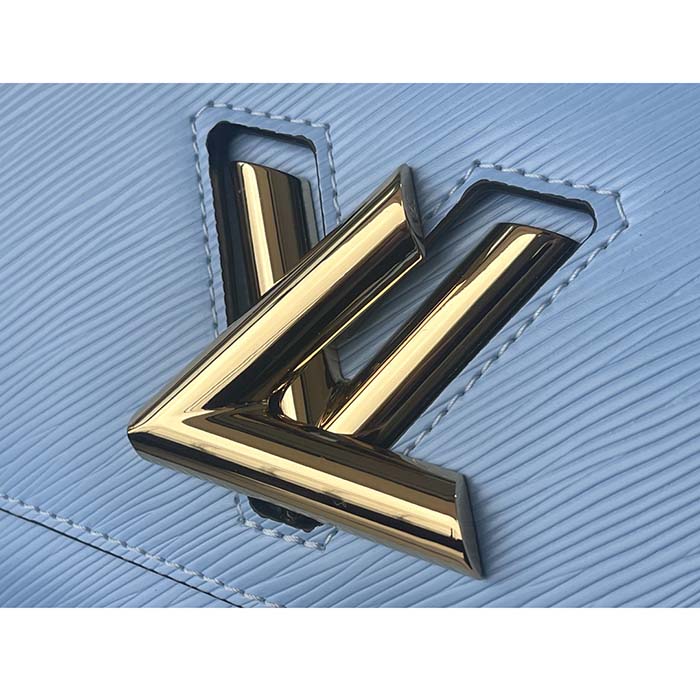 Louis Vuitton LV Women Twist MM Handbag Bleu Nuage Blue Epi Grained Leather