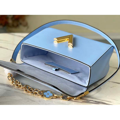 Louis Vuitton LV Women Twist MM Handbag Bleu Nuage Blue Epi Grained Leather