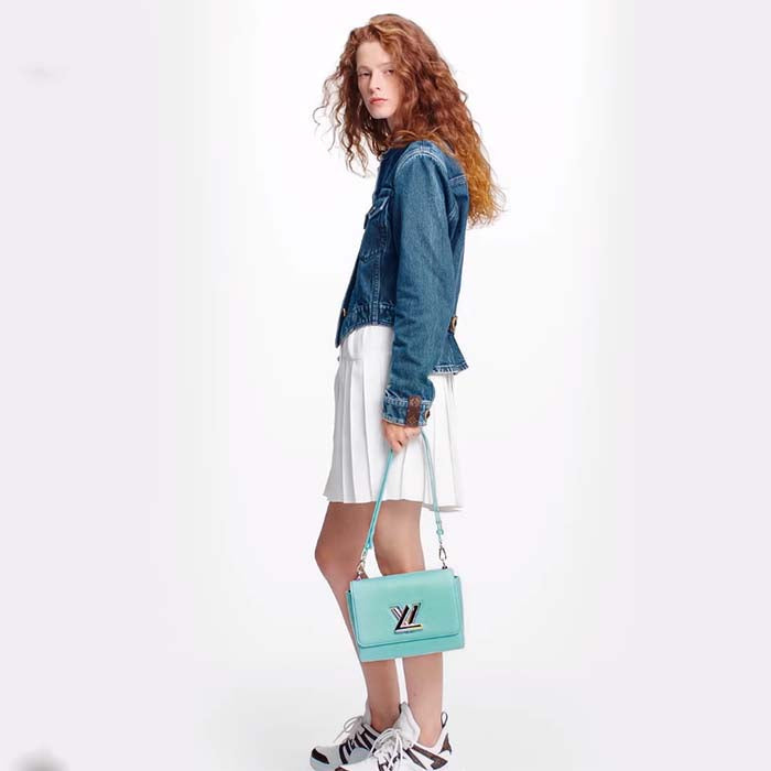 Louis Vuitton LV Women Twist MM Handbag Blue Grained Calfskin Leather