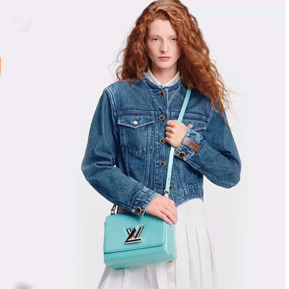 Louis Vuitton LV Women Twist MM Handbag Blue Grained Calfskin Leather