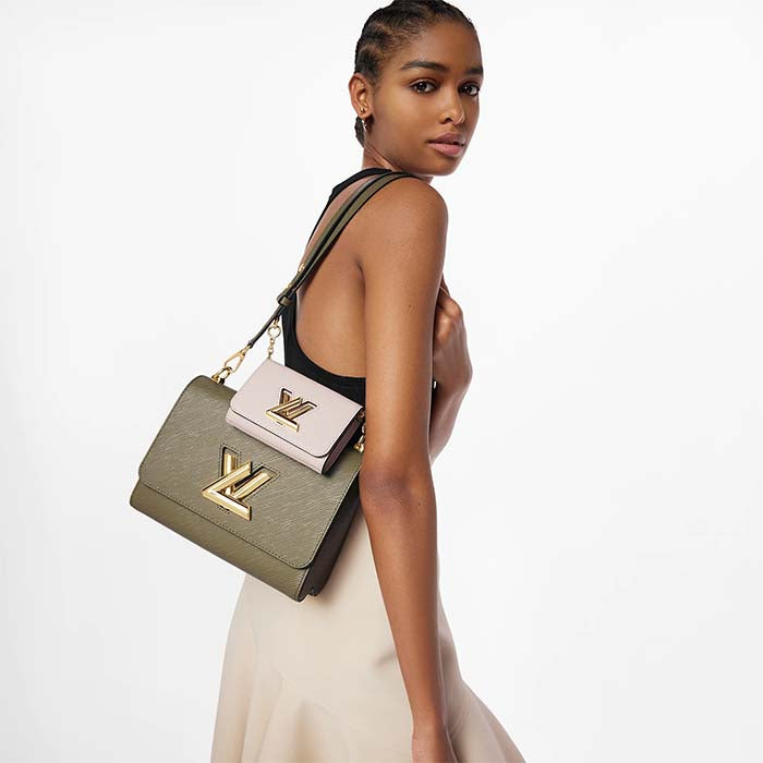 Louis Vuitton LV Women Twist MM Handbag Kaki Quartz White Epi Grained Cowhide