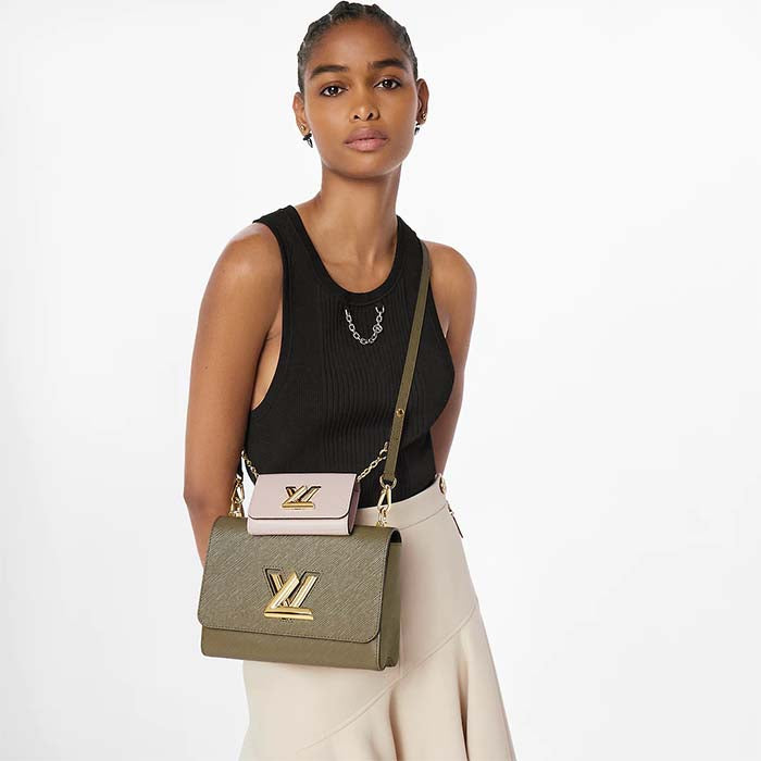 Louis Vuitton LV Women Twist MM Handbag Kaki Quartz White Epi Grained Cowhide