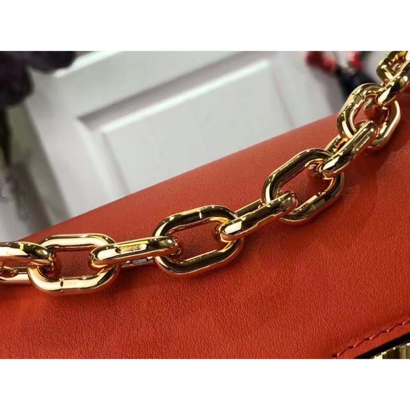 Louis Vuitton LV Women Twist MM Handbag Orange Raffia Smooth Cowhide Leather