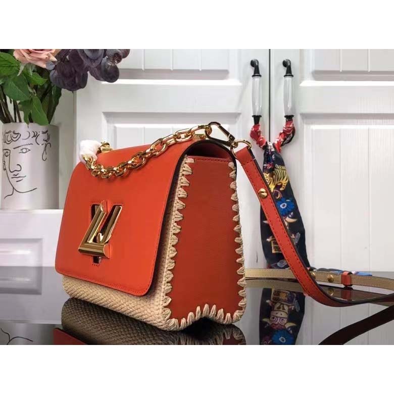 Louis Vuitton LV Women Twist MM Handbag Orange Raffia Smooth Cowhide Leather