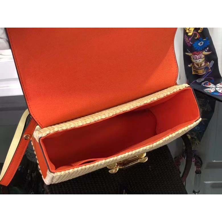 Louis Vuitton LV Women Twist MM Handbag Orange Raffia Smooth Cowhide Leather